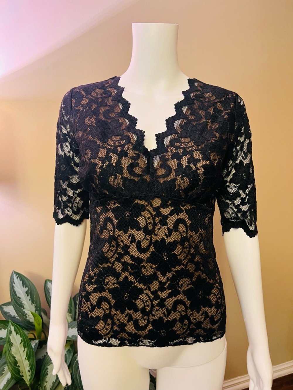 Black Lace V Neck Top Sheer Floral Stretch S Cabi Style 490